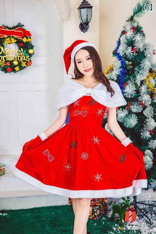 クリスマス コスチューム レディース ワンピース 帽子 手袋 ケープ付き ベルベット プリンセスドレス 舞台衣装 イベント パーティー 秋冬 赤3