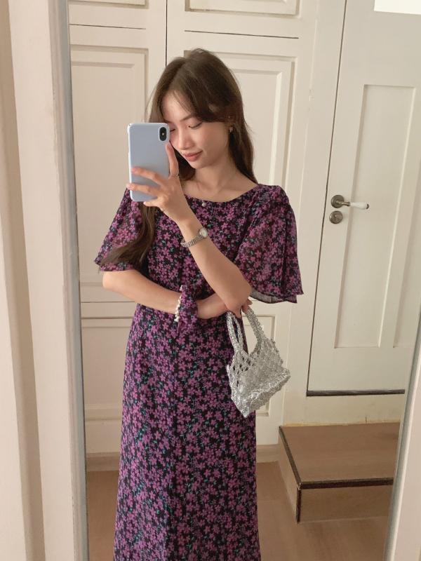 ワンピース レディース 春夏 フレンチ フラワープリント パフスリーブ Aライン ミモレ丈 膝下 薄手 ゆったり 体型カバー 綿 紫花3