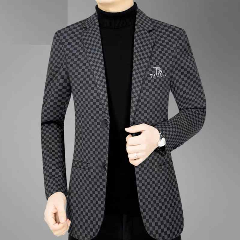 ジャケット メンズ 男性用 チェック柄 スリムフィット テーラード ブレザー トップス ビジネス カジュアル 春秋 通気性 ポリエステル ブラック格子 ベージュ格子