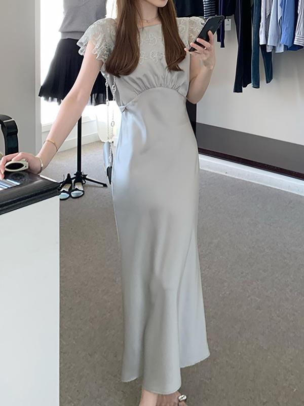 ワンピース レディース かわいい 甘美 气? レース サテン 小さめ袖 高腰 無地 通勤 普段使い 銀灰 ブルー 鳶脂 ピンク系