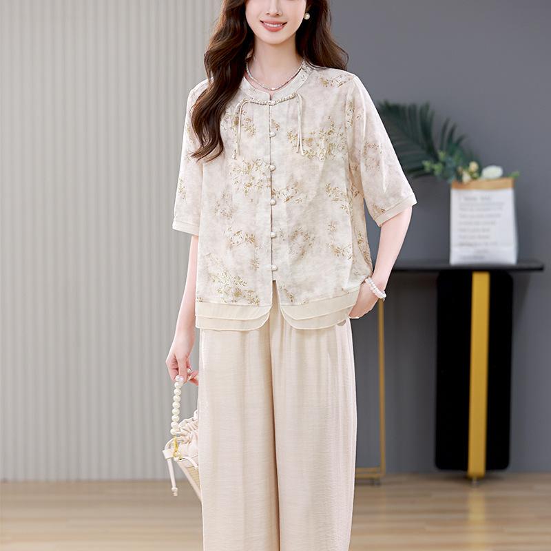 セットアップ レディース 女性 Tシャツ & ブラウス 上下セット 粘・屬?? リネン混紡 和風 日韓スタイル 5分袖 カットソー トップス カジュアル 普段使い お洒落着 グレー + カーキ アプリコット + カーキ