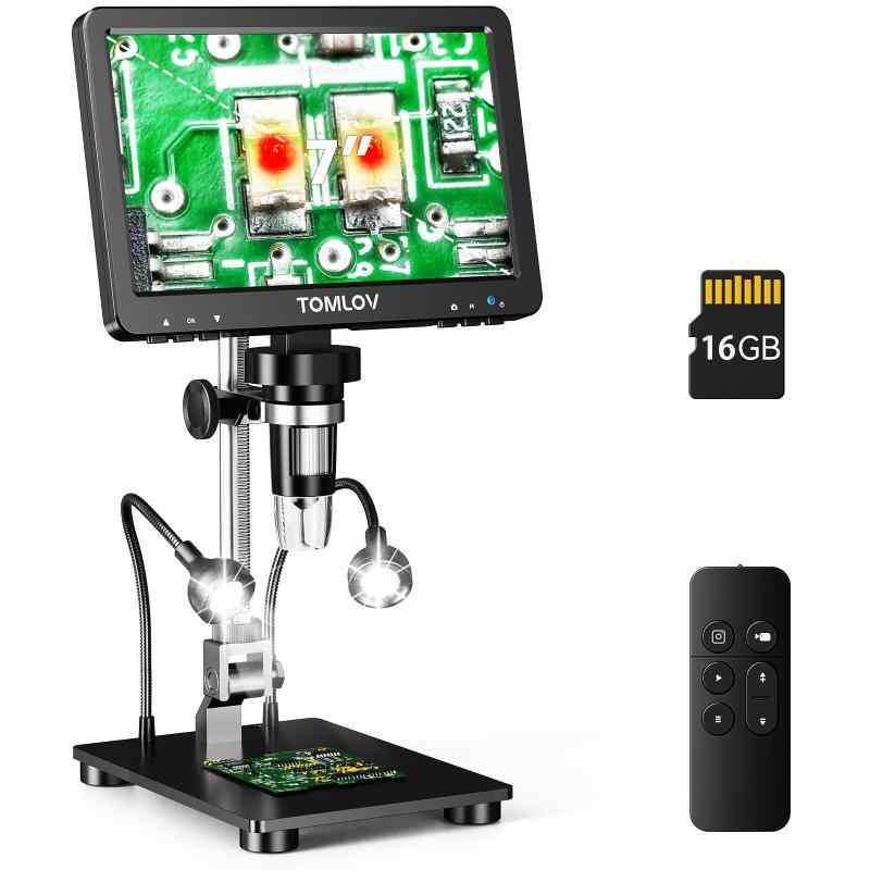 TOMLOV HDMI デジタル顕微鏡 10X-1200X倍率 充電可能 7インチ 10個LEDランプ LCD溶接 最大32GB PC/TV対応 178°視野角 Windows/Mac/iMac 1920x1080P 生物観察/自由研究/生物学教育/宝石