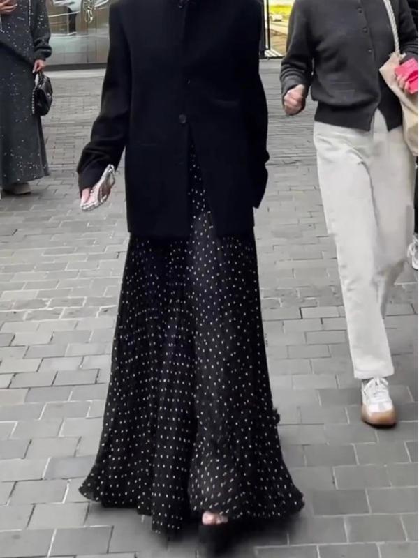 スカート レディース 春夏 Aラインスカート ひざ丈 ミモレ丈 黒 ブラック ドット柄 水玉柄 ポリエステル エレガント 通勤 オフィス カジュアル きれいめ 上品 レトロ モード