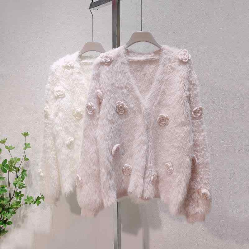 ニット カーディガン レディース 秋冬 Vネック 花柄 厚手 ゆったり かわいい 暖かい 柔らかい ファー風ニット ミルクティー オフホワイト ピンク系 長袖 トップス 羽織り 韓国3
