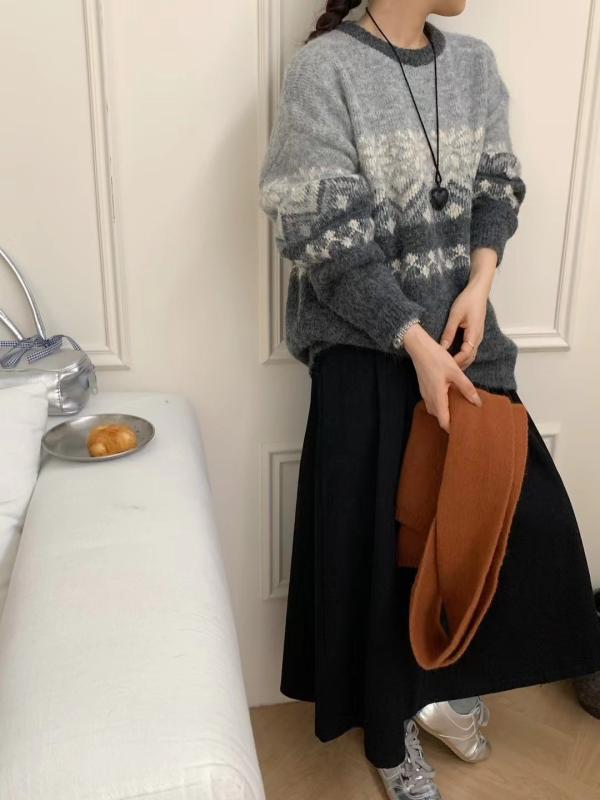ニット レディース 秋冬 ニットプルオーバー ラウンドネック ゆったり 提花柄 ジャガード編み 韓国 カジュアル 普段使い デート3