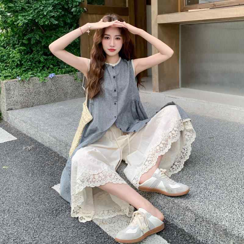 ワンピース レディース 夏 レース 花柄 ノースリーブ ワイドレッグパンツ 2点セット 上下セット セットアップ きれいめ かわいい 私服 名媛 御姐風