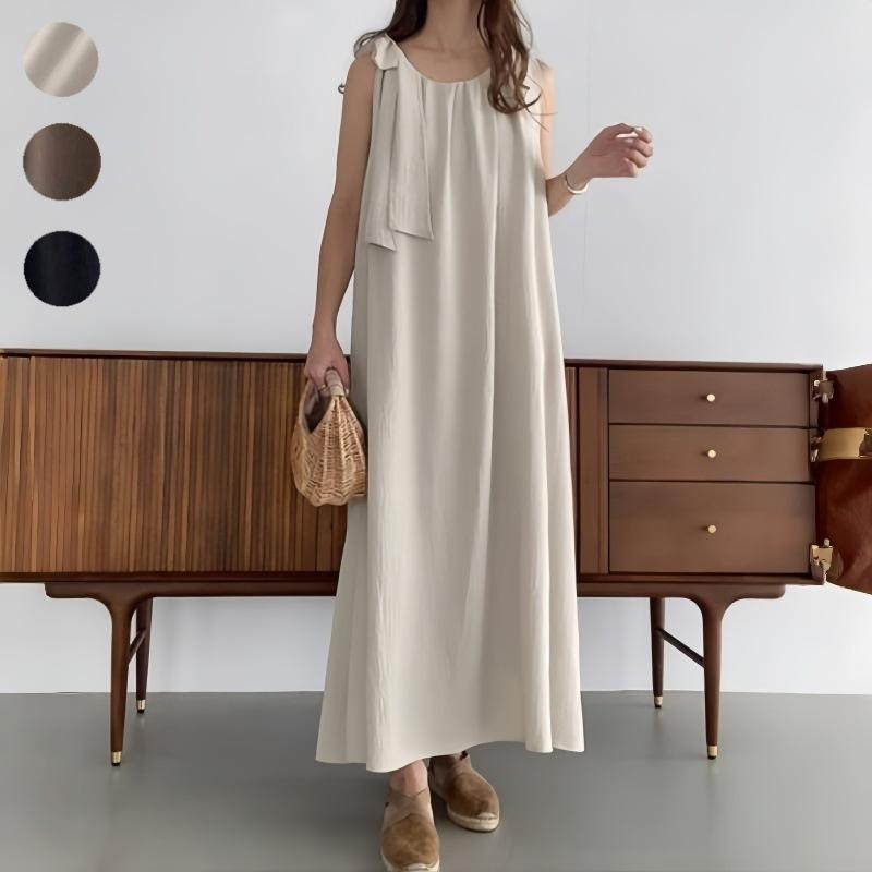 ワンピース レディース 春夏 ノースリーブ 肩紐 ギャザー フリル Aライン ロングワンピース 3色 ゆったり 楽ちん かわいい 裏地付き 着痩せ効果 おしゃれ フェミニン デート 旅行 リゾート