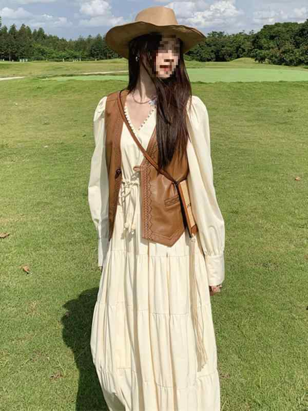 ワンピース レディース 秋冬 Vネック ゆったり 長袖 膝下丈 プリンセスライン かわいい レトロ 2点セット キャミソールワンピース チュニック ベスト 切り替え 無地 綿 ポリエステル テラコッタ ブラック系