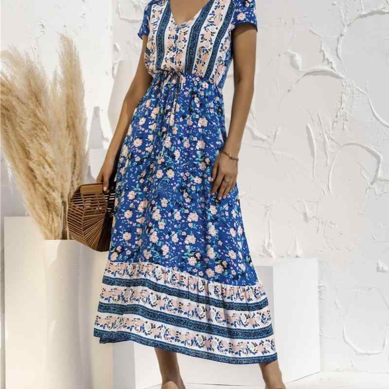 ワンピース レディース 春夏 半袖 Vネック Aライン ロングワンピース 花柄 切り替え ギャザー ウエストゴム ゆったり 通勤 きれいめ おしゃれ かわいい 紫 杏色 ブルー 黄緑 ブラック3
