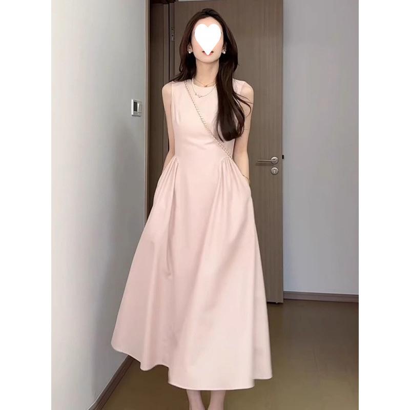 ワンピース レディース Aライン 無袖 ラウンドネック 杏色 ブラック ピンク系 水色 褶? ポリエステル 街頭風