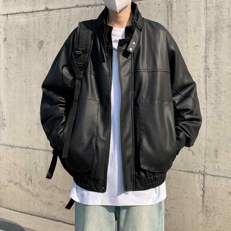ジャケット メンズ アウター 立襟 フェイクレザー ブルゾン 黒 ショート丈 ワークウェア ゆったり 春秋