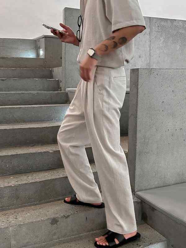メンズ カジュアル セットアップ 半袖シャツ ストレートパンツ リラックス 部屋着 ポリエステル 麻 綿 混紡 グレー カーキ