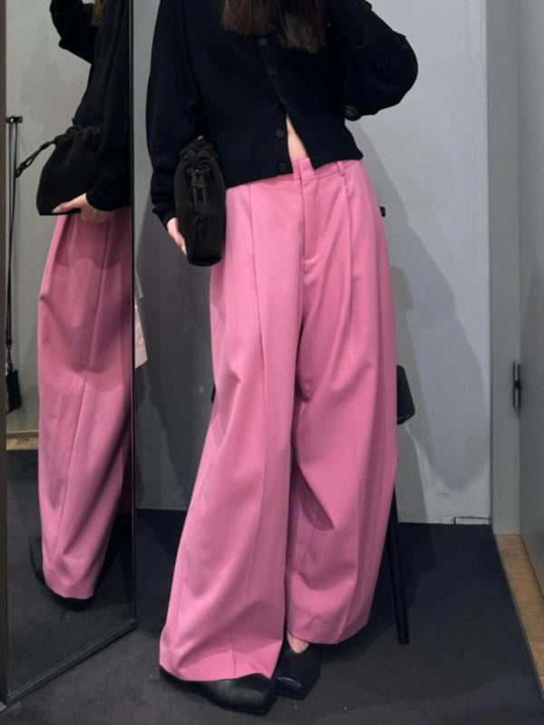 パンツ レディース ワイドパンツ ポリエステル ピンク系 グレー 高腰 ゆったり ストレート 薄手 ポケット付き 通勤 オフィス カジュアル スタイル