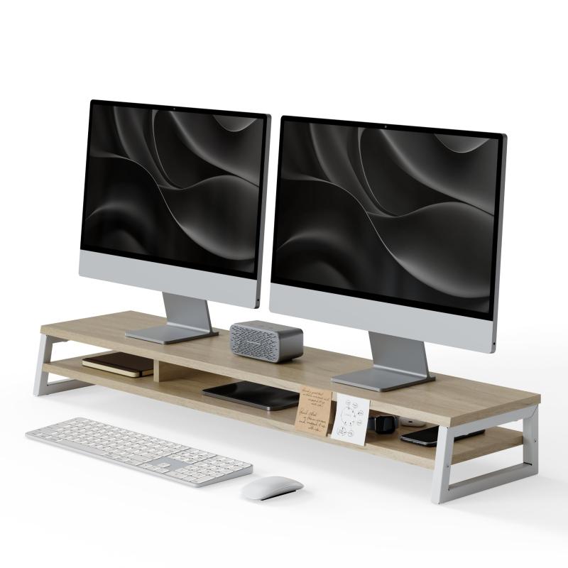 Fenge モニター台 卓上 デスクシェルフ モニタースタンド パソコン台 2段 木製 幅108cm pc台 机上台 デュアルモニター 台 机上ラック 卓上台 デスク周り収納 ディスプレイ 台