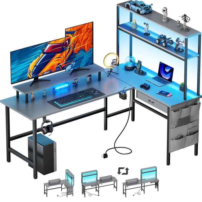 HLFURNITURE パソコンデスク L字型ゲーミングデスク LEDライト付きコンピューターテーブル 幅150cm コンセント付き、引き出し、収納棚、収納袋、およびディスプレイスタンドゲーミング作業机 ｜YKsakai