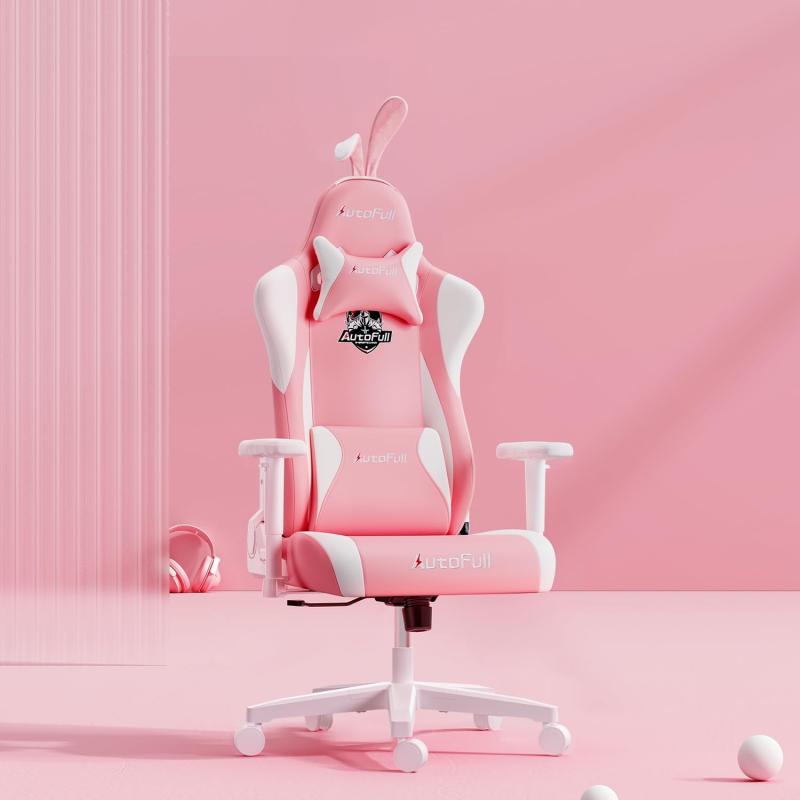 AutoFull(オートフル) C2 ゲーミングチェア ピンク 可愛い かわいい うさ耳 ヘアピン イス オフィスチェア 幅広座面 デスクチェア 椅子 ゲーム用 155°リクライニング 腰痛対