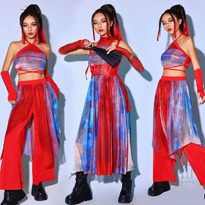 セットアップ レディース チャイナ風 ジャズダンス 衣装 ヒップホップ ダンス衣装 肩出し 韓国 k-pop衣装 ロングパンツ スカート jazz セクシー DS舞台服 チアガールズ 大人 社交ダンス ガールズグループ ステージ衣装 HIPHOP 演出服 団体服 ダンスウェア 赤 レッド M L XL