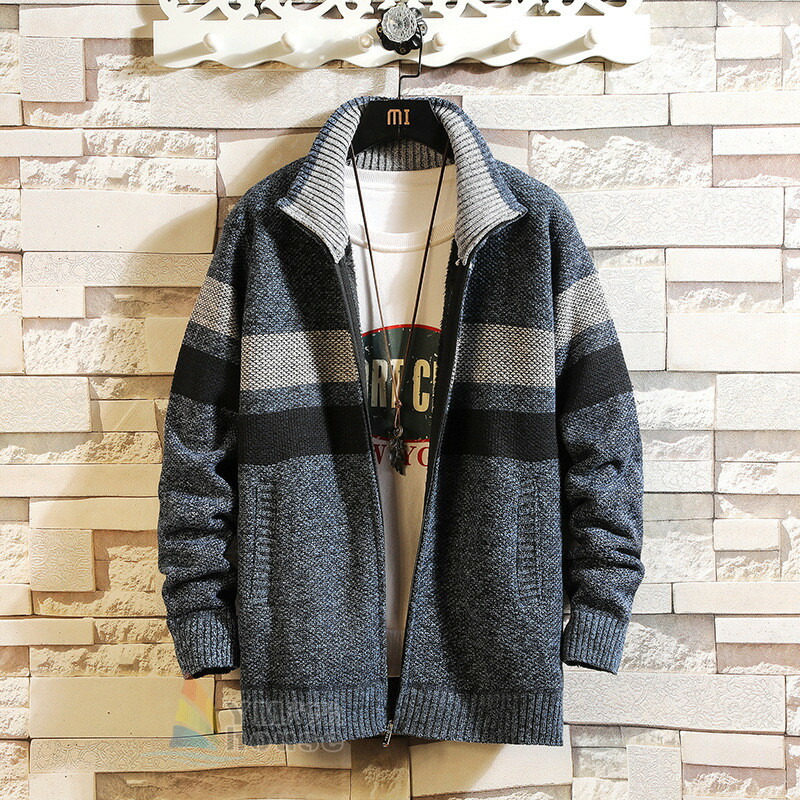 楽天市場 送料無料 ニットカーディガン メンズ カーディガン 裏起毛 厚手 防寒 ジャケット ボーダー柄 カーディガン 立て襟 メンズセーター 長袖 秋冬 ワイエムハウス