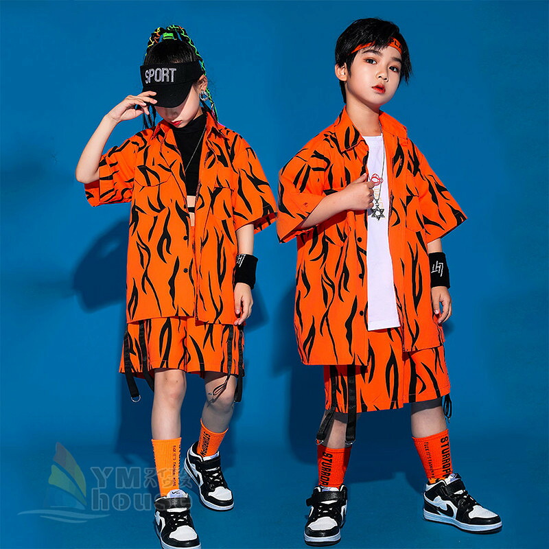 ヒップホップ k-pop 衣装 キッズ ダンス衣装 ゼブラ柄 セットアップ 男の子 女の子 jazz 半袖シャツ ショートパンツ 子供服 ダンスシャツ 虎柄 かっこいい 演出服 ガールズ hiphop 子どもダンス 舞台服 発表会 ダンスウエア 演出服 オレンジ 110-180cm