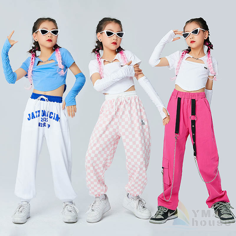 日本全国送料無料 ダンス衣装 キッズ セットアップ 韓国 K-POP ジャズダンス 女の子 HIPHOP ヒップホップ チアガールズ ヘソ出し 応援団  演出服 子ども服 ダンスファション チェックパンツ 英字 長袖Tシャツ ピンク ブルー www.transtorres.net