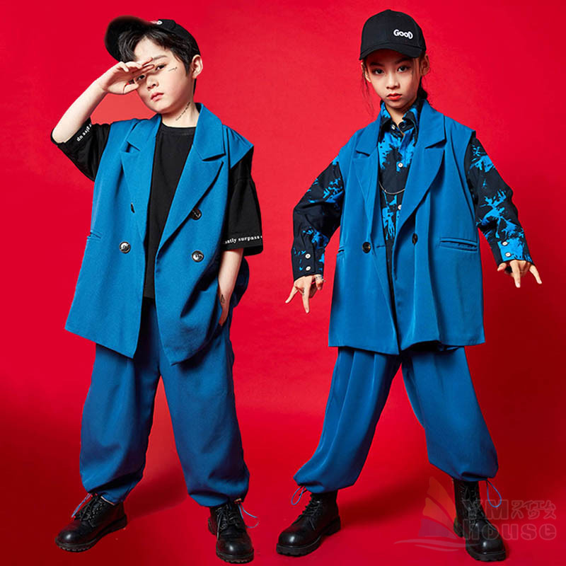 売れ筋がひ贈り物！ セットアップ キッズ ダンス衣装 ガールズ 男の子 ジャズダンス 韓国 HIPHOP タイダイ柄シャツ ロックパンツ キッズダンス  子供 jazz dance ダンススーツ ベスト スラックス ブルー 運動服 toothkind.com.au