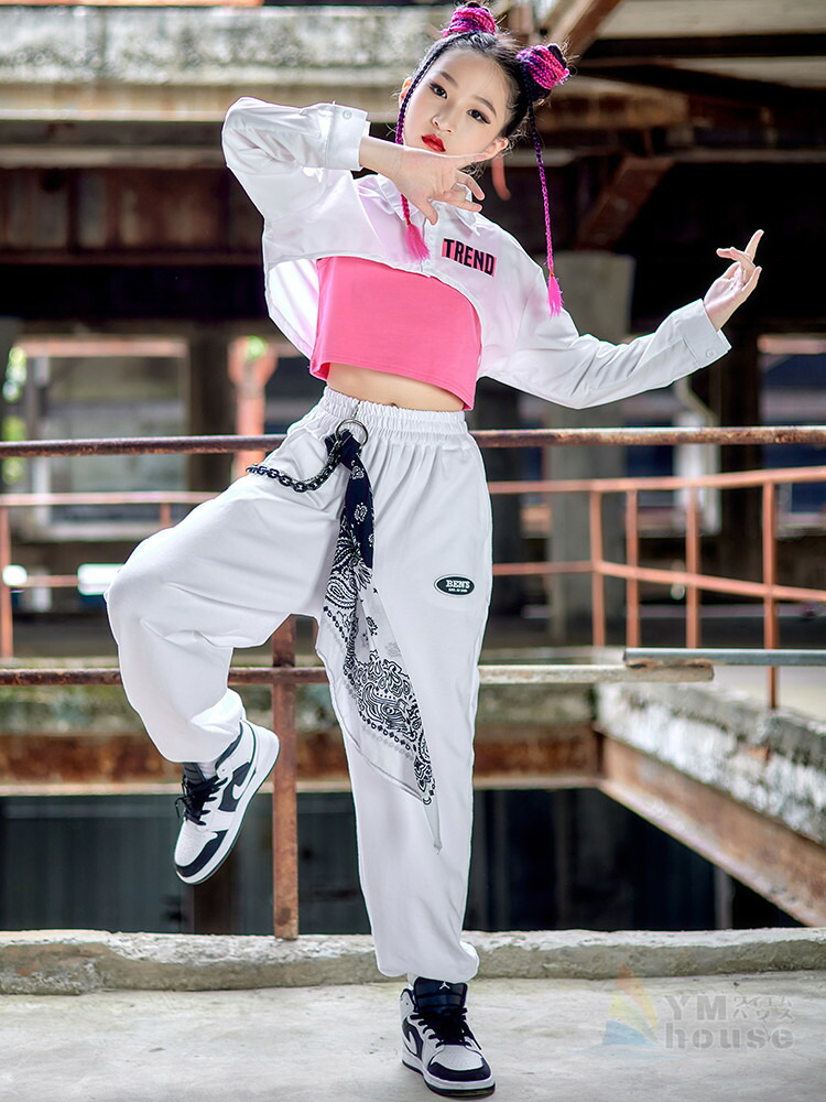 ヒップホップ 女の子 キッズ ダンス衣装 ガールズ 演出服 K Pop ストリート 原宿系 ダンスウェア ダンスシャツ 練習着 Hiphop 韓国 ホワイト ピンク 運動服 発表会 おしゃれ 受注生産品