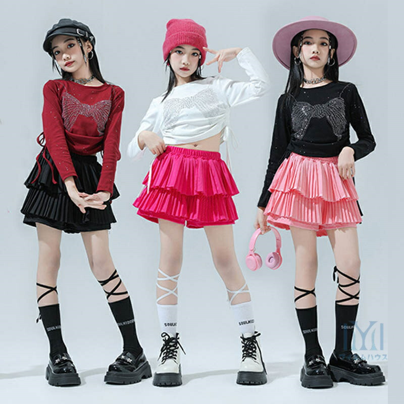 ヒップホップ キッズ k-pop衣装 長袖トップス 子供ダンス 衣装 チアガールズ セットアップ HIPHOP 子供服 ダンストップス ヘソ出し ダンススカート ブラック ピンク ローズ 女の子 jazz 練習着 発表会 演出服 ジャズダンス ステージ衣装 かわいい ジュニア 110-180cm