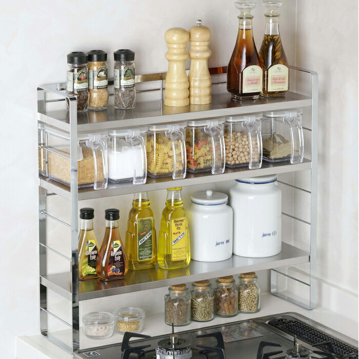 頑張って送料無料 砂糖 塩 小麦粉などを収納 コンロサイドサポートシェルフ3段6ポット 調味料入れセット 村の鍛冶屋 調味料ストッカー スパイスケースをすっきり収納 棚で便利 オープンタイプのスパイスラック