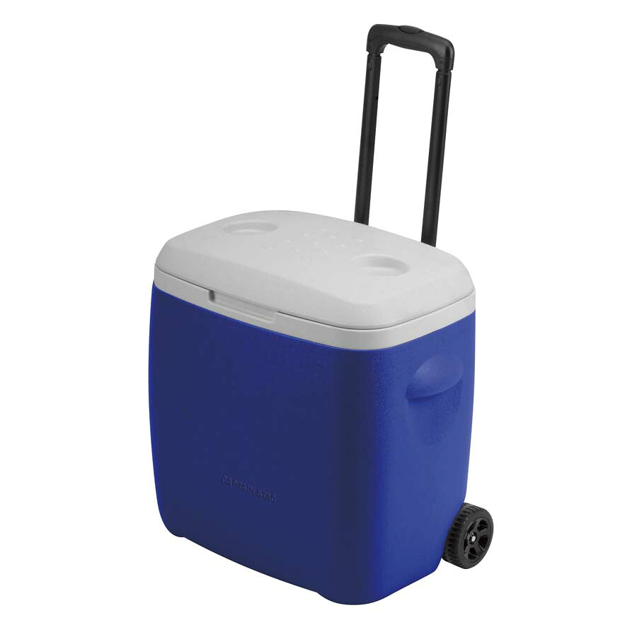 キャプテンスタッグリガード　ホイールクーラー28Ｌ（ブルー）M-5281500mlペットボトル14本　ハンドル高さ3段階　動くクーラーボックス！｜村の鍛冶屋
