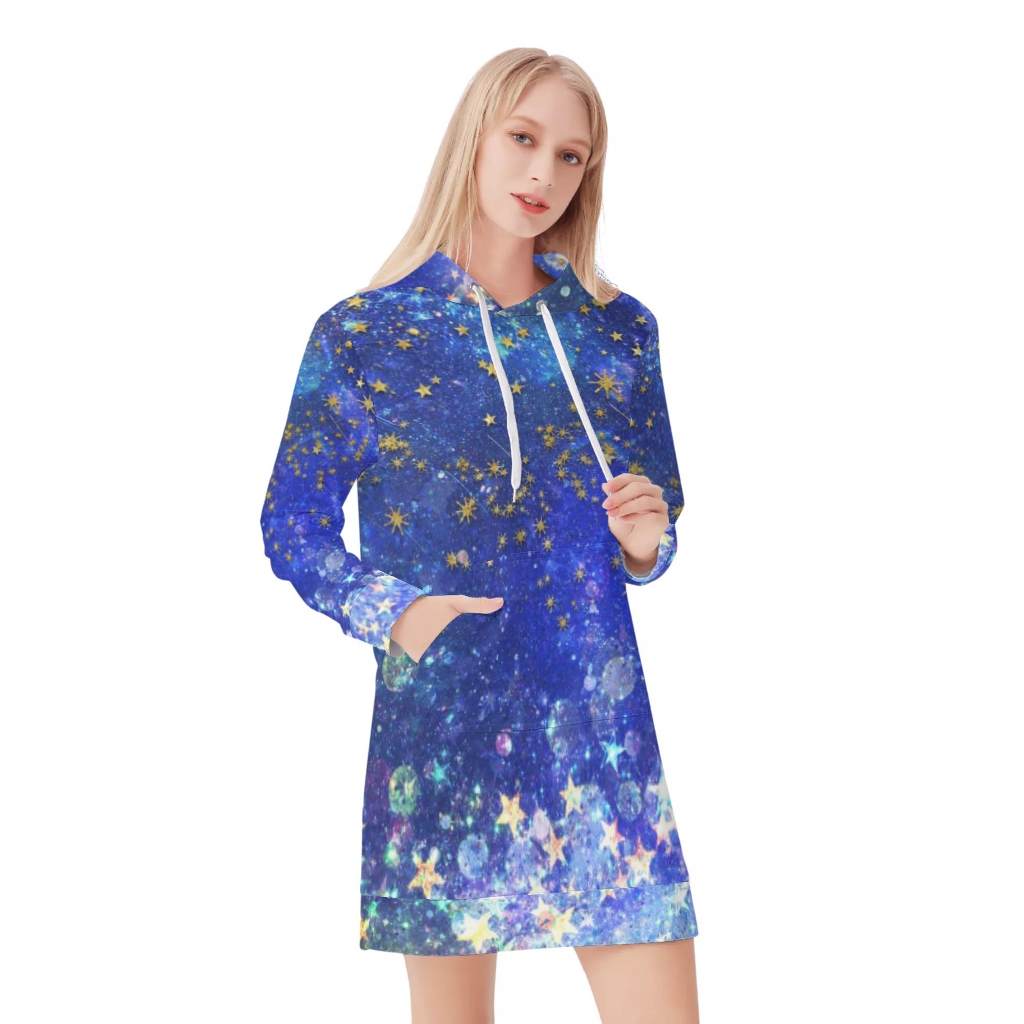 星舞夜(パーカーワンピース) パーカーワンピース レディース アート ブルー 青 空 流星 綺麗 星 宇宙 幻想的 物語 スター 舞う 想い ストーリー ミマキボクカ _ID018