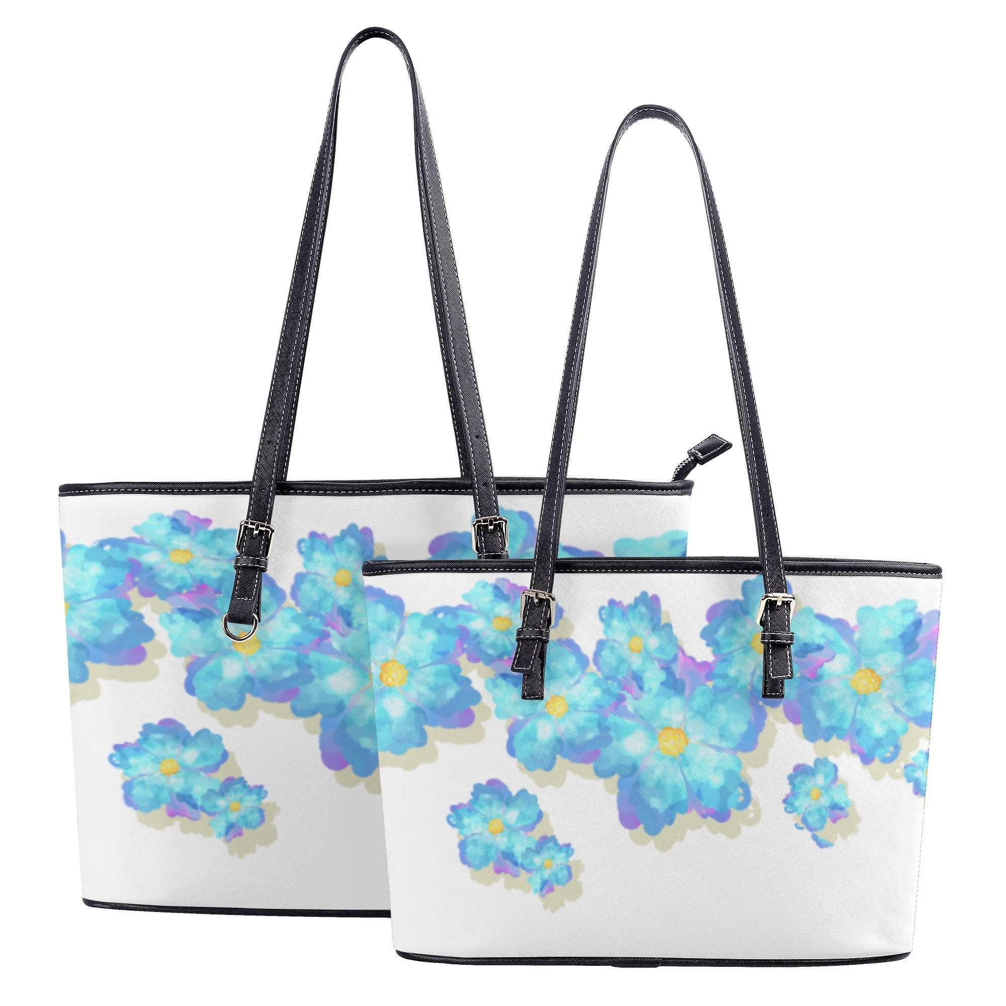 blue flower(レザートートバッグ) レザートートバッグ レディース バッグ アート 青い花 花柄 花 ブルー キレイ 大人かわいい 涼しげ さとみん。 _ID018