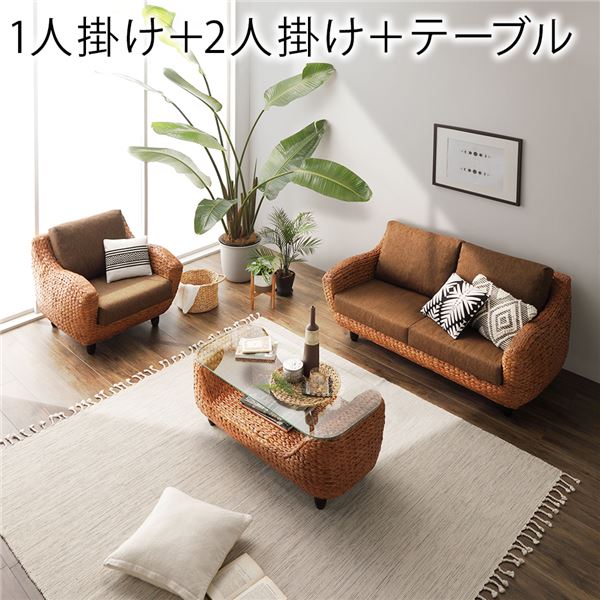 〔開梱組立設置サービス付き〕 インテリア家具 3点セット 1人掛けソファ ＋ 2人掛けソファ ＋ ローテーブル ブラウン 木製 脚付き 足付き センターテーブル付き アジアン調 高級 天然木 ウォーターヒヤシンス リビング家具 生活家具【代引不可】_ID014