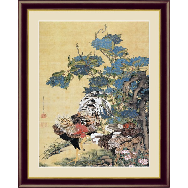 伊藤若冲 額装品 茶 〔 F6号 紅葉小禽図 〕 若冲 鳳凰 旭日 動植綵絵額 群鶏 白鳳 鶏_ID014