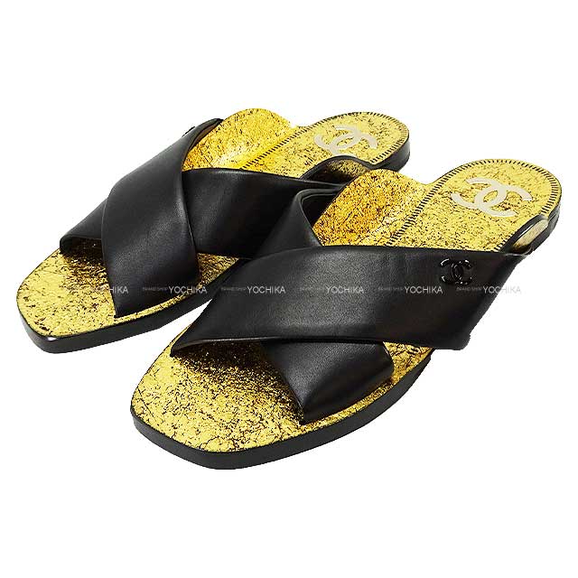 CHANEL ロゴ ストラップ サンダル ゴールド 黒 ブラック リゾート シャネル ロゴ ストラップ サンダル ゴールド クロ ブラック リゾート