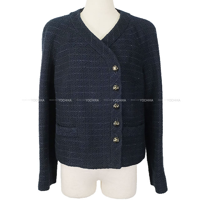 CHANEL シャネル 23P ココボタン 米国海軍/黒 (黒いこと) 綿織物/アクリル繊維/ビスコース人絹 #38 P74417 否色つや上衣 新品未当て嵌める(CHANEL 23P Coco Button Navy/Noir (Black) Cotton/Acrylic/Viscose P74417 Plainly colored jacket[EXCELLENT][Authentic])