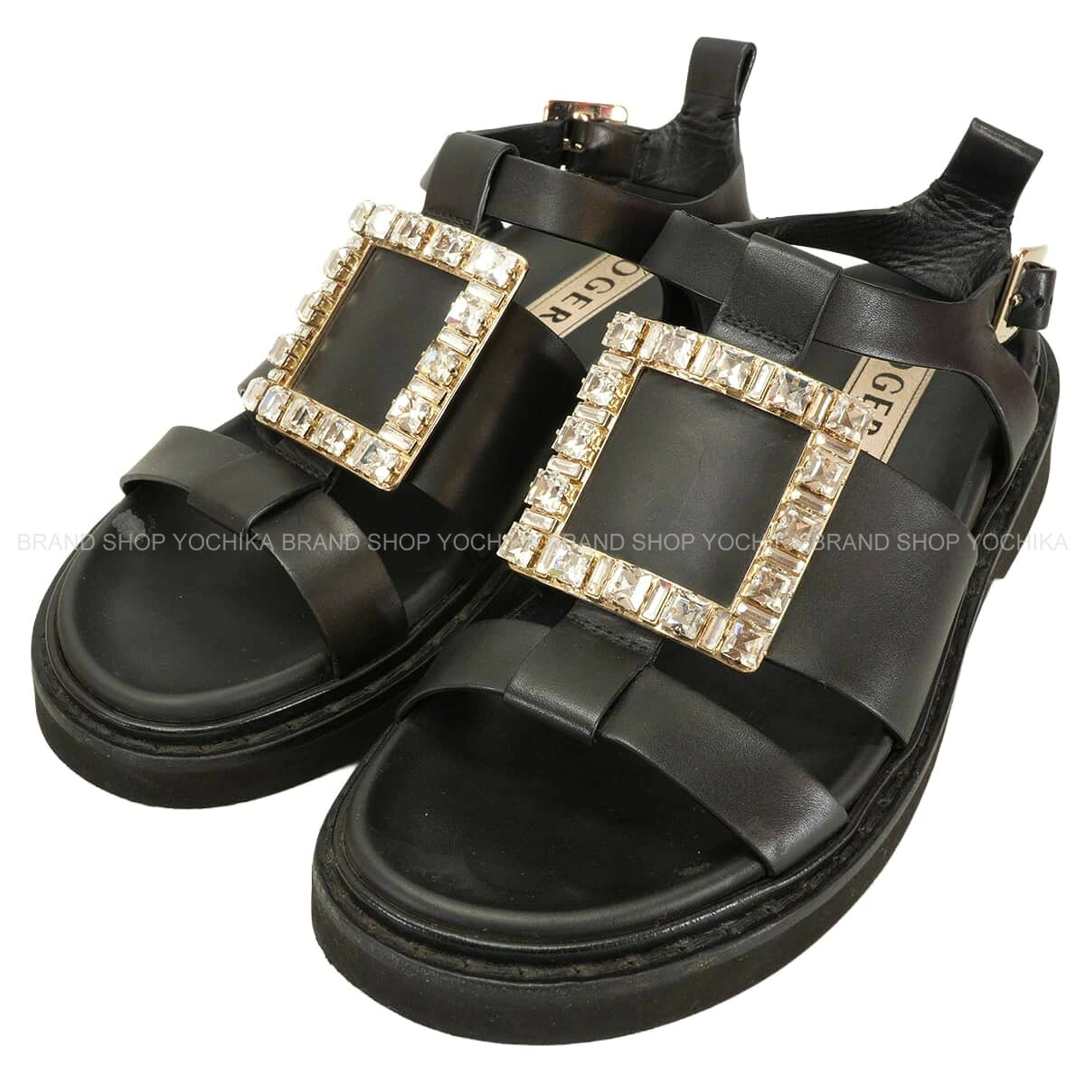 ROGER VIVIER ロジェ ヴィヴィエ ヴィヴ レンジャー クリスタル バックル 黒 (ブラック) レザー 23cm(#36) ゴールド金具 RVW64031470 サンダル Aランク【中古】([Pre-loved] ROGER VIVIER Viv Ranger Crystal Buckle Noir (Black) leather #36 Gold HW RVW64031470 sandals)｜YOCHIKA 京都下鴨店