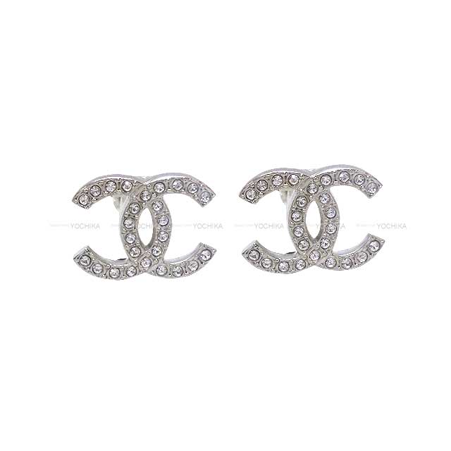 CHANEL C23C COCO Mark Heart Rhinestone Pierce Accessories Silver