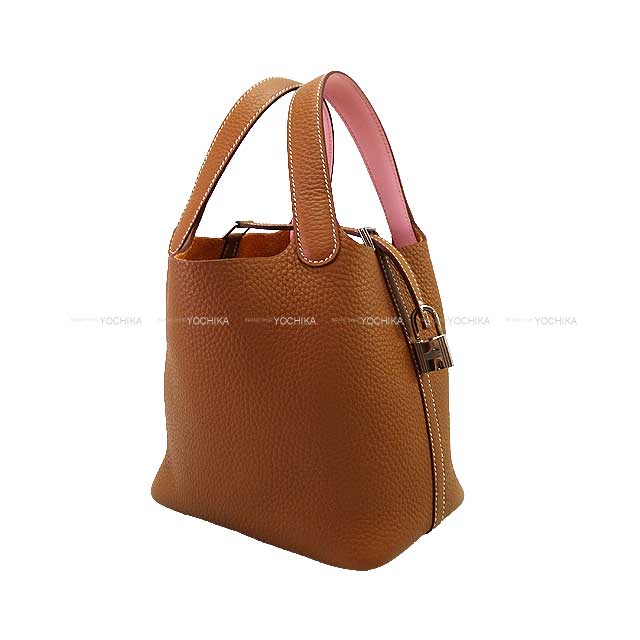 HERMES エルメス ピコタン鍵を掛ける 18 PM エクラ ゴールド/さくら色桜 トリヨンクレマンス/スイフト しろがね色金具 ハンドバック W目じるし 新品未当てはめる(HERMES Picotin Lock 18 PM Eclat Gold/Rose Sakura Taurillon Clemence/Veau Swift Silver HW Handbag)
