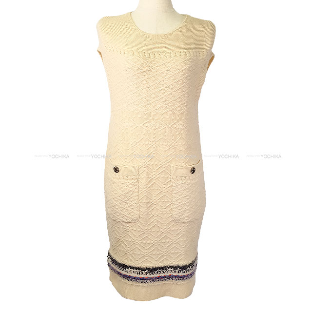 CHANEL シャネル 2ポケット ニット ノースリーブ ドレス アイボリー/黒 (ブラック) カシミヤ100% #36 P46844 ワンピース 新品同様【中古】([Pre-loved] CHANEL 2pockets Knit Sleeveless Dress Ivory/Black Cashmere100% P46844 One‐piece dress)｜ブランドショップ よちか