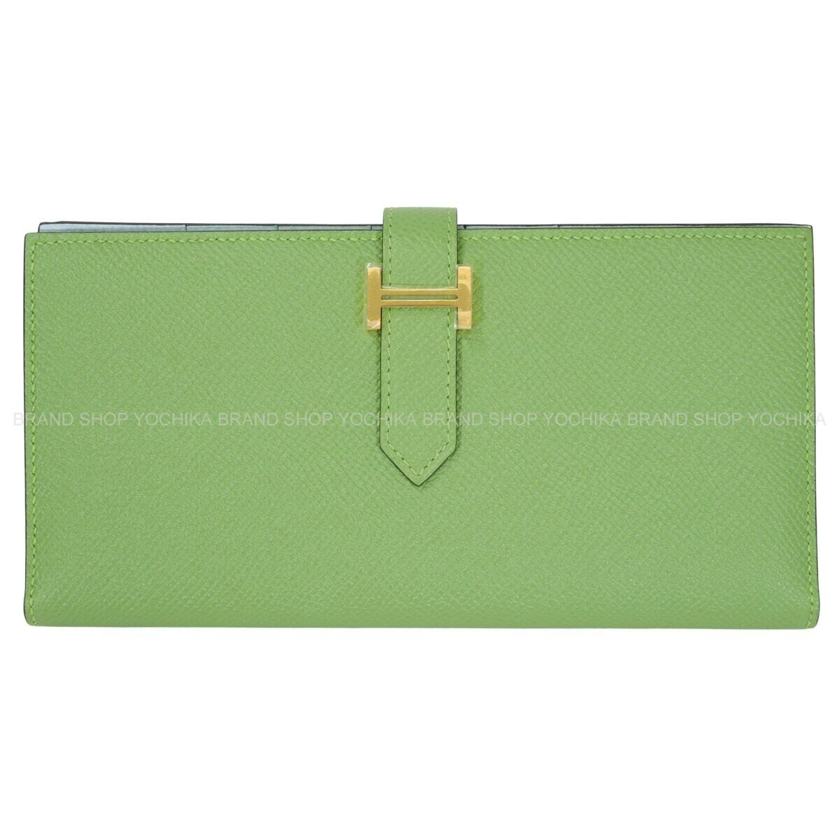 HERMES エルメス ベアンスフレ ヴェルソ 頭を覆う物クリケット/ブルーブリュム エプソン ゴールド金具 長札入れ Y目じるし 新品未当て嵌める(HERMES Bearn Soufflet Verso Vert criquet/Blue brume Veau Epsom Gold HW long wallet[EXCELLENT][Authentic])