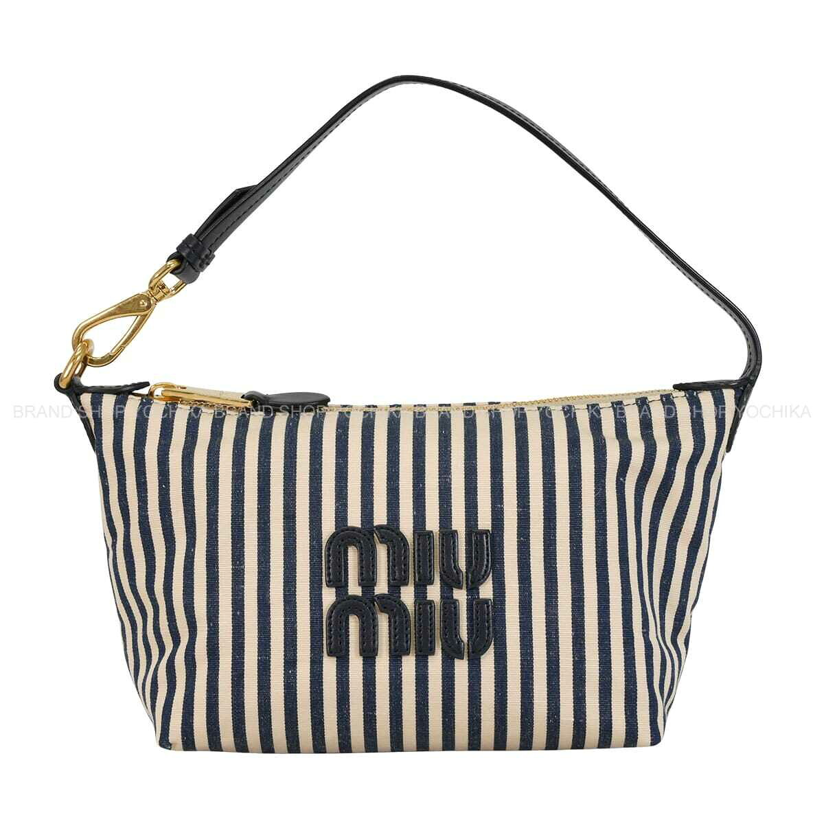 Miu Miu ミュウミュウ ストライプ ロゴ ベージュ/ネイビー ジャガードファブリック ゴールド金具 5NE841_ACQ3_F0Z12 ポーチ 新品未使用(Miu Miu Stripe Logo Beige/Navy Jacquard Fabric Gold HW 5NE841_ACQ3_F0Z12 Pouch[EXCELLENT][Authentic])｜ブランドショップ よちか