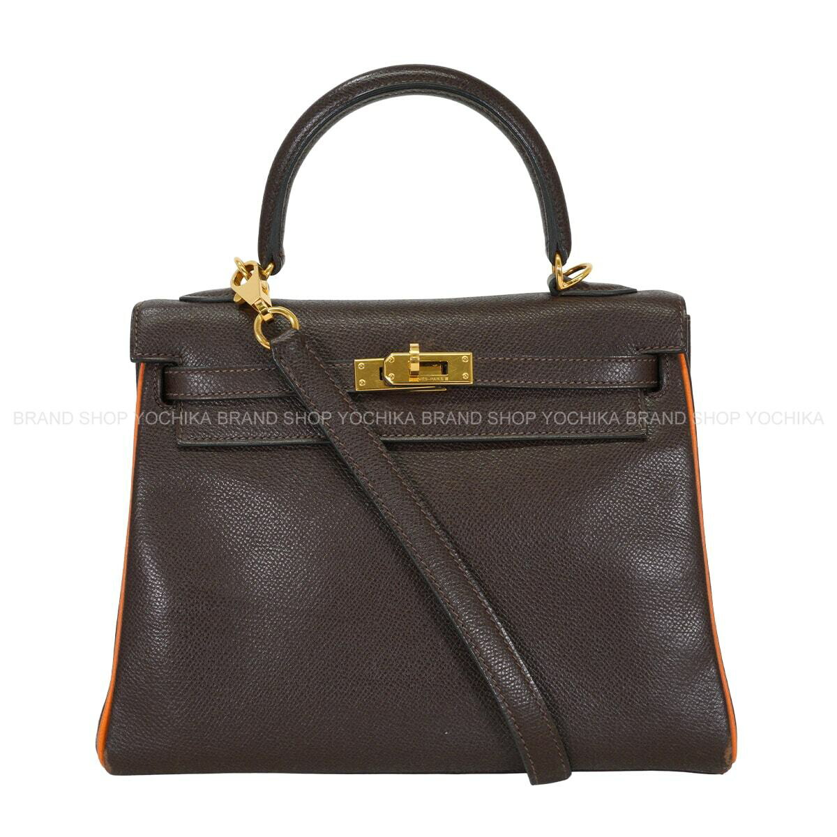 HERMES エルメス ケリー25 内縫い バイカラー ショコラ/オレンジ エプソン ゴールド金具 ショルダーバッグ □I刻印 Aランク【中古】([Pre-loved] HERMES Kelly25 Retourne Bicolor Chocolat/Orange Veau Epsom Gold HW Shoulder bag[USED A][Authentic])｜ブランドショップ よちか