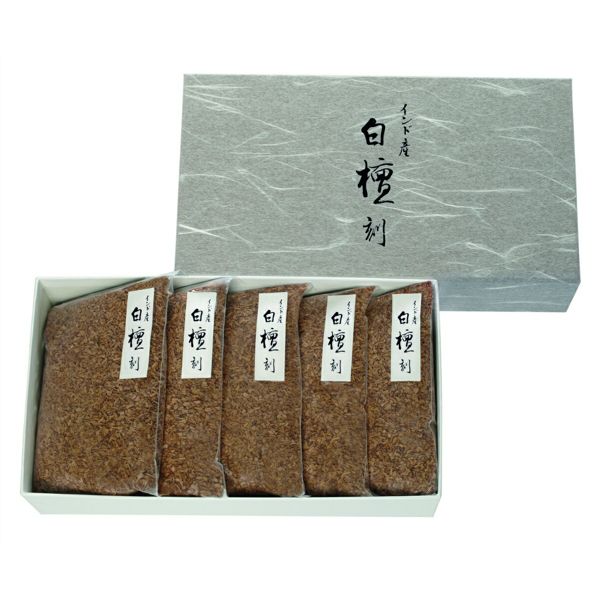 【送料込】日本香堂 インド産 白檀 刻 100g×5袋(4902125823013)500g入りお徳用サイズで、中身は100gずつ5袋の小分けになっています。