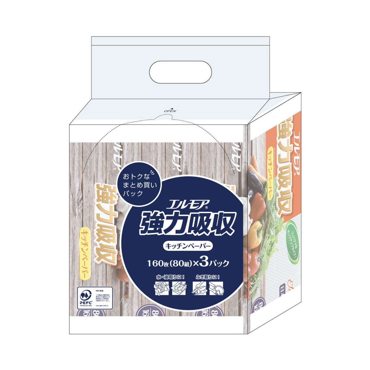 【送料込・まとめ買い×16個セット】カミ商事 エルモア 強力吸収 キッチンペーパー 3パック入