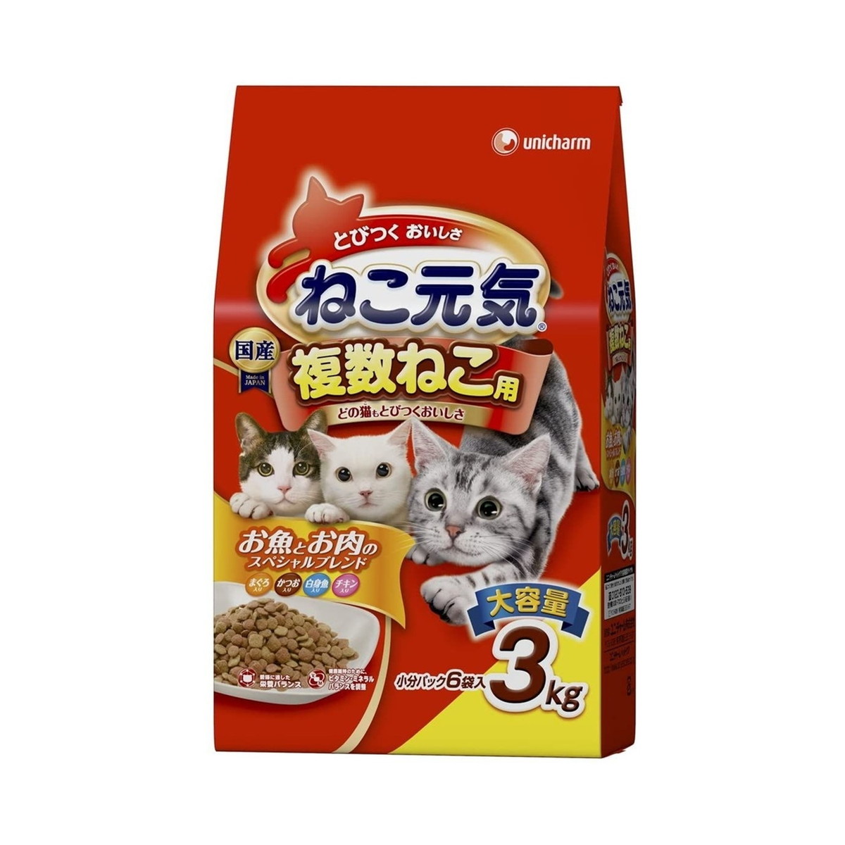 【送料込・まとめ買い×4個セット】ユニ・チャーム ねこ元気 複数ねこ用 全猫 3kg