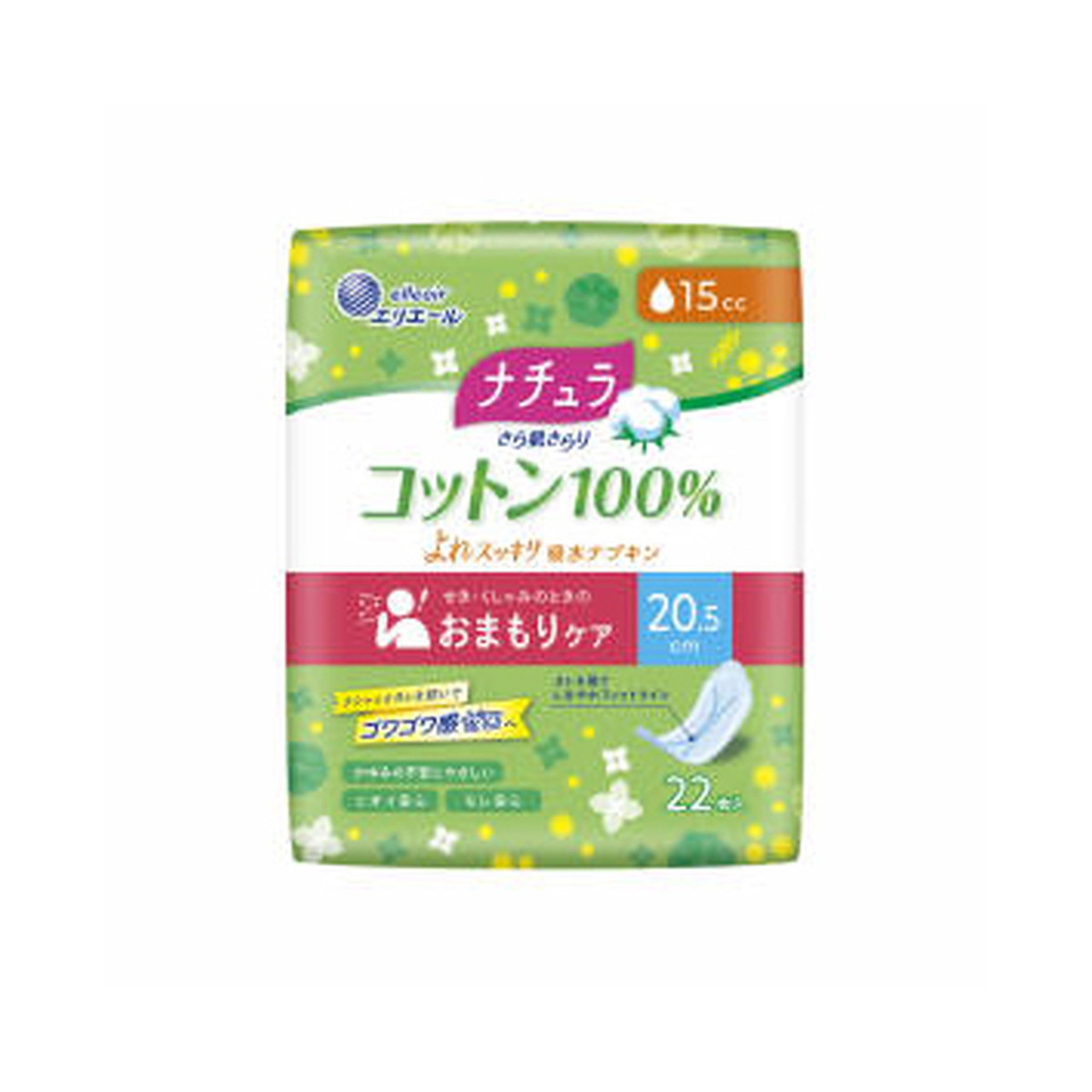 【送料込・まとめ買い×32個セット】大王製紙 ナチュラ さら肌さらり コットン100% よれスッキリ 吸水ナプキン 20.5cm 15cc 22枚入