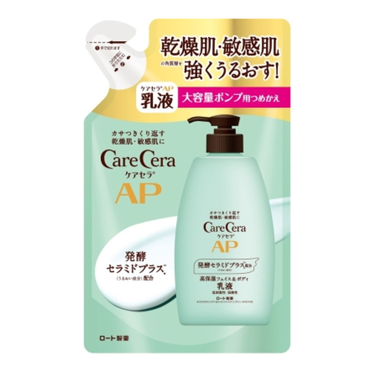 【送料込・まとめ買い×4個セット】ロート製薬 ケアセラ AP フェイス&ボディ 乳液 大容量 つめかえ用 370mL