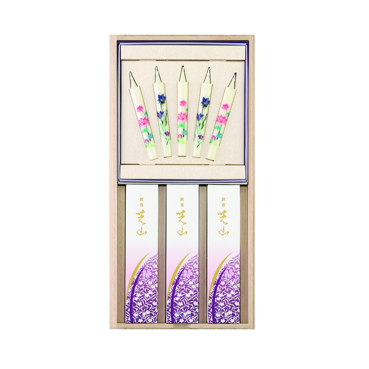 【送料込・まとめ買い×8個セット】日本香堂 銘香 芝山 桐箱 絵ろうそく 5本セット 贈答用 線香