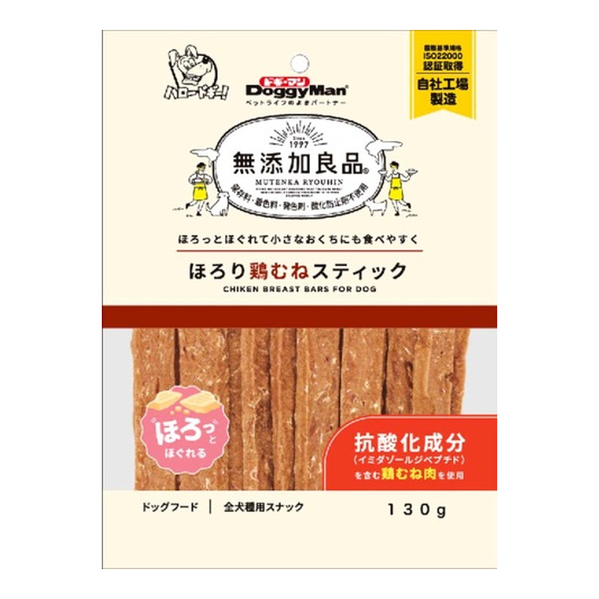 【送料込・まとめ買い&times;36個セット】ドギーマン 無添加良品 ほろり鶏むねスティック 130g ドッグフード 全犬種用スナック｜ケンコウlife