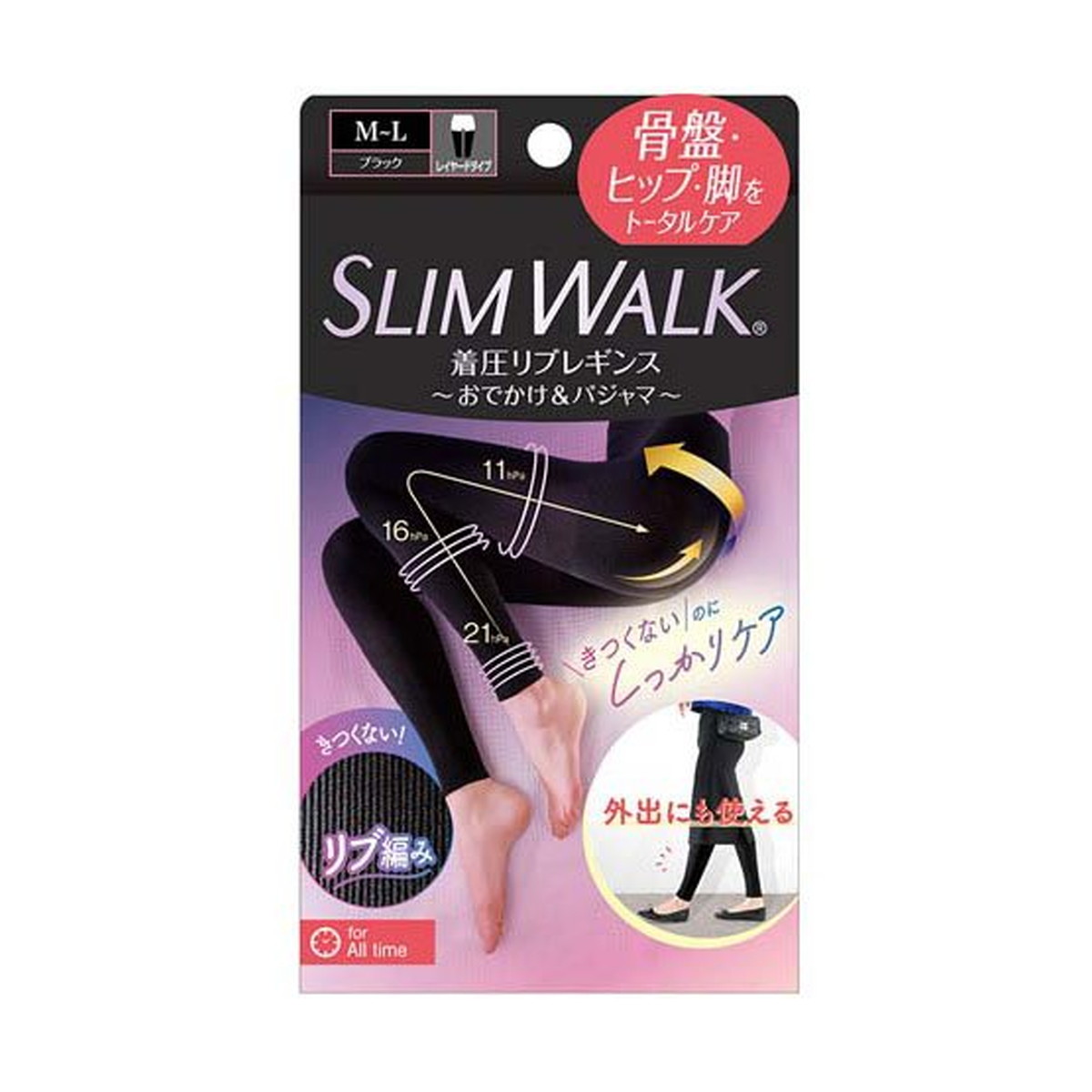 【送料込・まとめ買い&times;6個セット】ピップ スリムウォーク 着圧リブレギンス M-L おでかけ&パジャマ ブラック レギンス｜ケンコウlife